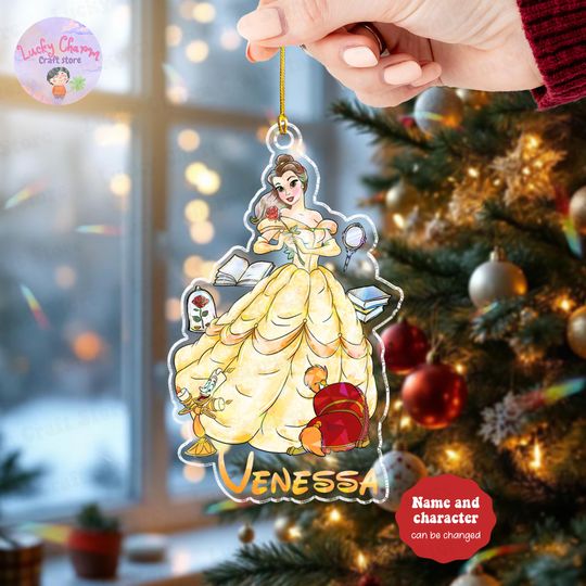 Discover Custom Name Disney Princess Belle Beauty n Beast Christmas Hologram Ornament, Personalized Christmas Ornament Gift, 2025 Christmas Ornament