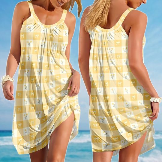 Gingham Sling Summer Dress, Cute Bow Floral Women Dress, Cottagecore Sleeveless Outfit, Kawaii Picnic Sundress, Gift For Her