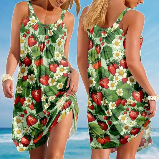 Discover Strawberry Floral Sling Summer Dress, Cute Sleeveless Sundress, Beach Picnic Women Dress, Fruit Print Vacation Dress, Gift For Her