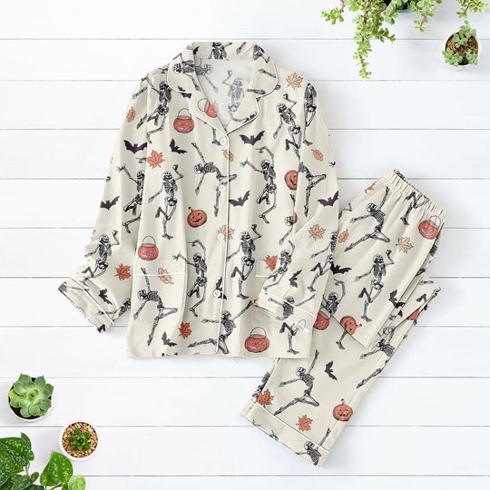 Halloween Skeleton Pajamas Set for Adults, Family Pumpkin Pajamas