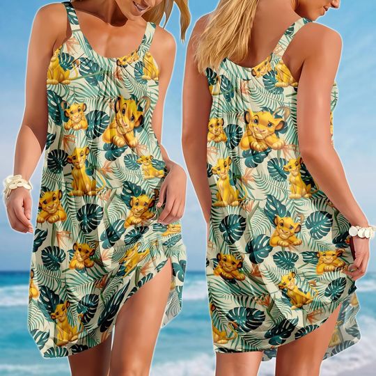 Lion King Sling Summer Dress, Tropical Simba Women Dress, Cute Simba Sleeveless Sundress, Magic Kingdom Dress, Disney Gift For Fan