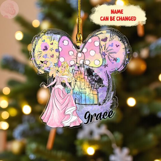 Personalized Aurora Princess Ornament 2025, Custom Name Sleeping Beauty Castle Bow Xmas Tree Decor, Disney Princess Gift for Kids & Girls