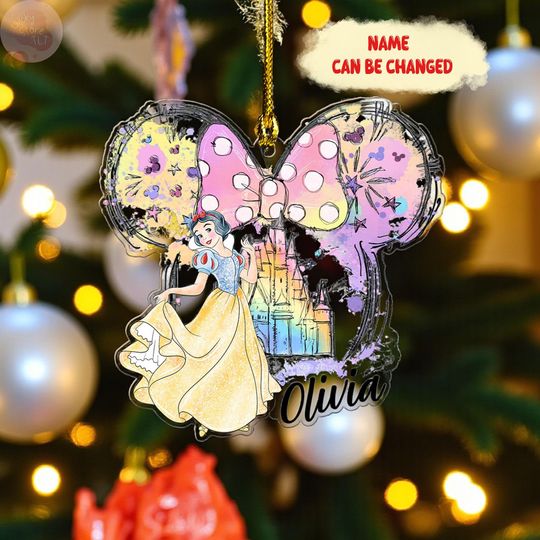 Personalized Disney Princess Ornament 2025, Custom Name Snow White Princess, Disney Castle Bow Xmas Tree Decoration, Gift for Kids & Girls