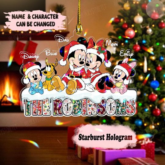 Discover Personalized Disney Family Christmas Ornament, Custom Mickey & Friends Holiday Decoration, Family Name Starburst Hologram Keepsake Gift 2025
