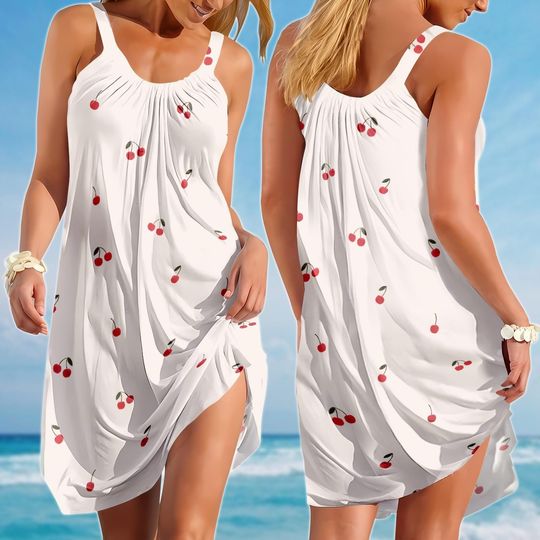 Cherry Sling Summer Dress, Cute Women Sundress, Kawaii Fruit Dress, Sleeveless Beach Dress, Cottagecore Picnic Outfit, Funny Gift