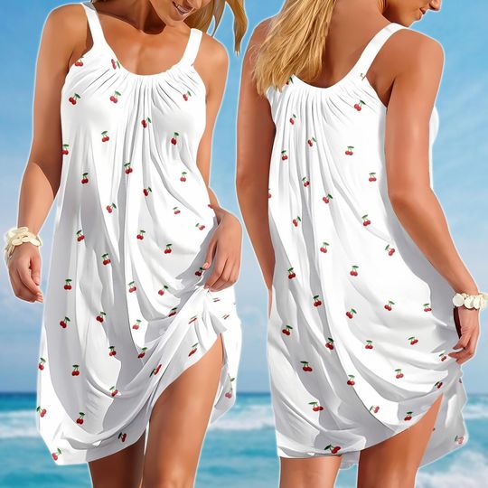 Discover Cherry Sling Summer Dress, Cute Kawaii Sundress For Women, Sleeveless Flowy Picnic Dress, Gift For Her