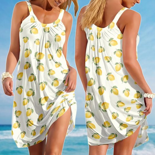 Lemon Sling Summer Dress, Citrus Fruit Dress For Women, Family Picnic Outfit, Mediterranean Vacation Sundress, Funny Gift For Her