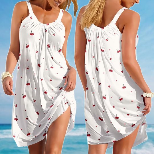 Cute Cherry Sling Summer Dress, Fruit Dress For Women, Picnic Outfit, Funny Beach Dress, Gift For Her