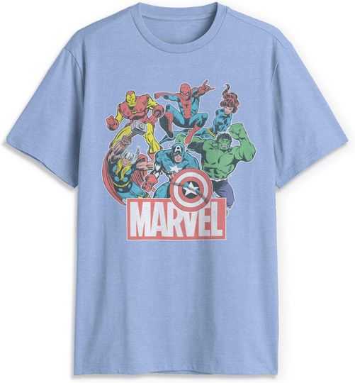 Discover Men's Marvel Classic Hero Collage T-Shirt - Light Blue Heather - Medium