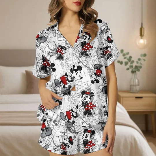 Discover Cute Mickey And Minnie Mouse Comics Cartoon Mouse Couple Satin Pajamas Set