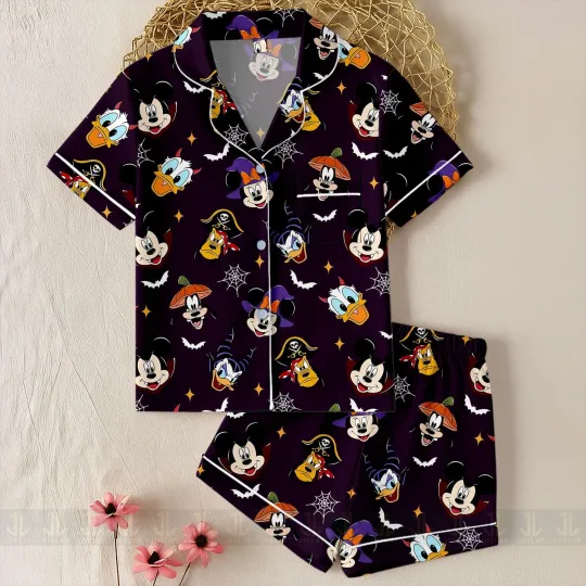 Discover Mickey Minnie Dracula Pluto Dog Captain Pirates Satin Short-Sleeve Pajamas Set