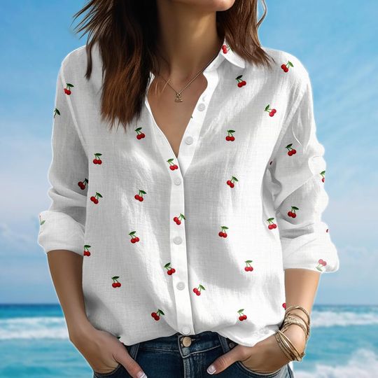Discover Cherry Blouse Shirt For Women, Cute Fruit Casual Shirt, Spring Summer Shirt, Retro Picnic Shirt, Vacation Shirt, Gift For Her