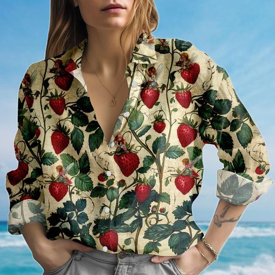 Cute Strawberry Fruit Blouse Shirt, Kawaii Women Shirt, Summer Vacation Trip Shirt, Gift For Her