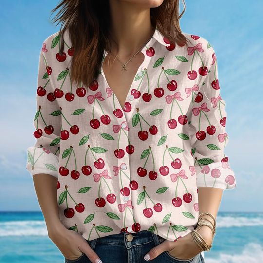 Cute Cherry And Bow Blouse Shirt, Coquette Women Shirt, Summer Fruit Long Sleeve Shirt, Vintage Casual Shirt, Gift For Her