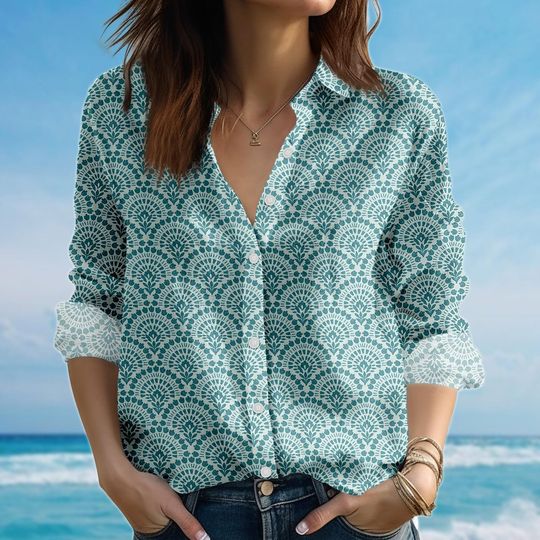 Discover Teal Geometric Blouse Shirt, Elegant Pattern Women Shirt, Summer Women Blouse Shirt, Gift Idea For Her