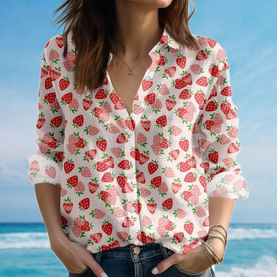 Strawberry Pattern Blouse Shirt, Fruit Women Shirt, Button Women Shirt, Nature Lovers Casual Shirt, Gift For Her