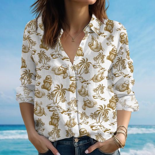 Discover Tropical Sloth Blouse Shirt, Funny Lazy Vibes Casual Shirt, Island Vacation Animal Shirt, Cute Chill Summer Shirt, Funny Gift
