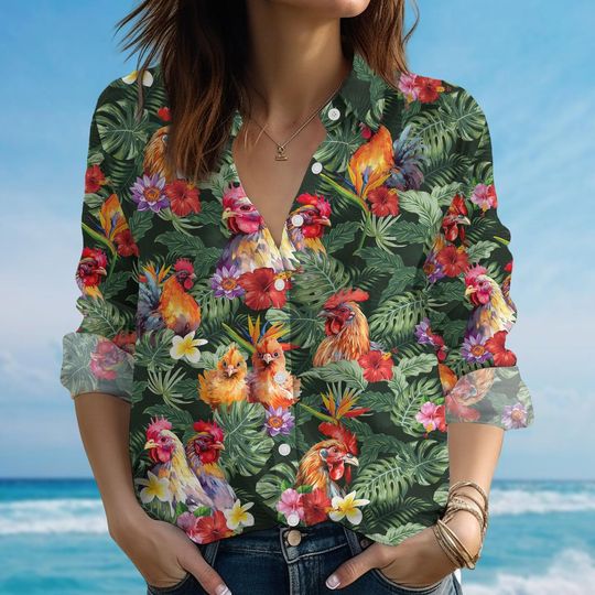 Discover Chicken Rooster Blouse Shirt, Farm Animal Shirt For Women, Summer Shirt, Funny Country Button Shirt, Chicken Lover Gift