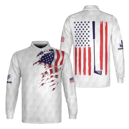 Discover Custom Name American Flag Patriotic Golfer Golf Long Sleeve Polo Shirt S-5XL