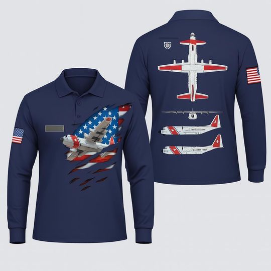Personalized USCG C-130 Polo Shirt  Custom Long Sleeve Coast Guard Aircraft Design