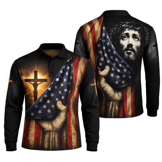 3D American Flag Jesus Polo Shirt  Long Sleeve Christian Patriotic Apparel
