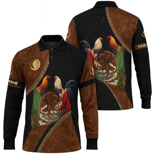 Discover 3D Mexico Rooster Polo Shirt  Personalized Long Sleeve Leather-Style Aztec Design