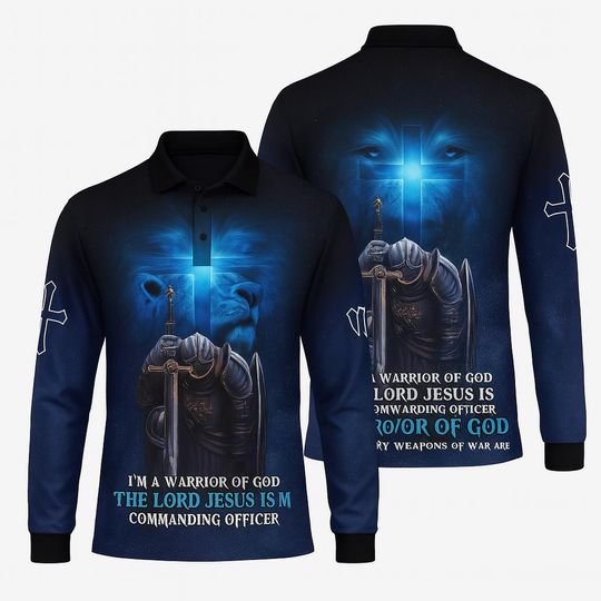 3D Warrior of God Long Sleeve Polo Shirt  Christian Faith Apparel