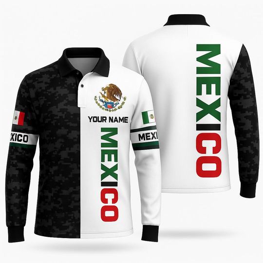 3D Personalized Mexico Eagle Polo Shirt  Custom Long Sleeve Camo Split Design