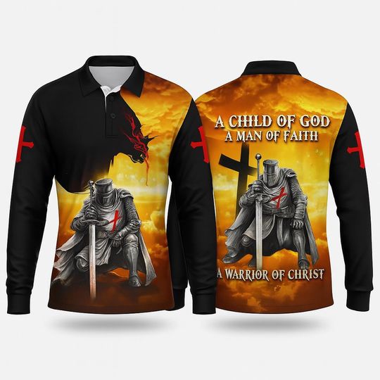 3D Crusader Faith Polo Shirt  Child of God Long Sleeve Christian Design