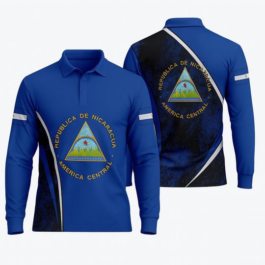 3D Nicaragua Crest Polo Shirt  Personalized Long Sleeve Emblem Design