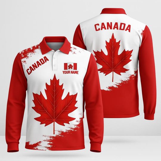 Discover 3D Personalized Canada Maple Leaf Polo Shirt  Custom Long Sleeve Canadian Flag Design