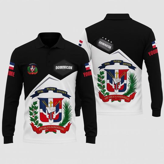 Discover Custom Dominican Republic Crest Polo Shirt  Personalized Long Sleeve Flag Emblem Design