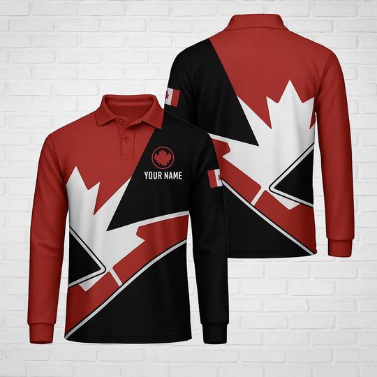 Discover Custom Canada Maple Leaf Polo Shirt  Personalized Long Sleeve Canadian Flag Design