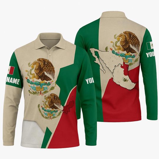 Discover 3D Personalized Mexico Map Polo Shirt  Custom Long Sleeve Mexican Flag Design