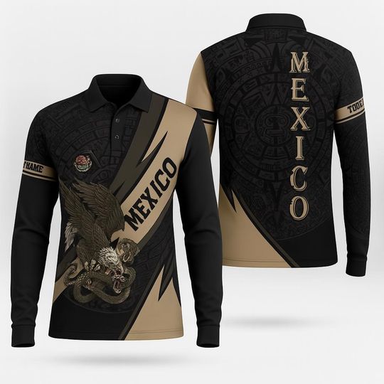 Custom Mexico Eagle Polo Shirt  Personalized Long Sleeve Aztec Design