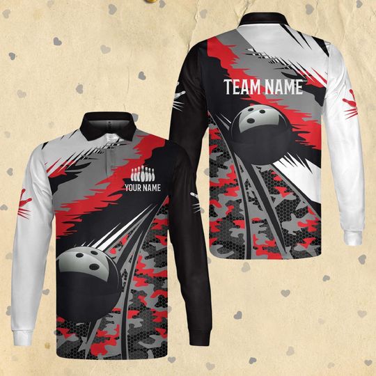 Custom Bowling Team Polo Shirt  Personalized Name & Team Long Sleeve Strike Graphic Sportswear