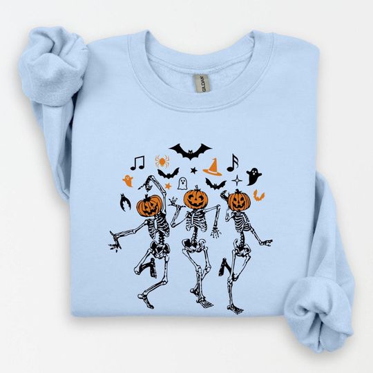 Dancing Skeleton Halloween Sweatshirt, Skeleton and Pumpkin Dancing Lovers Sweatshirt