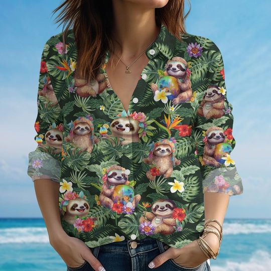 Discover Sloth Blouse Shirt For Women, Cute Lazy Animal Shirt, Chill Summer Button Shirt, Funny Sloth Lover Beach Shirt, Gift For Her