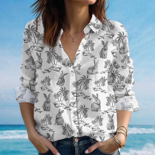 Rabbit Blouse Shirt For Women, Bunny Women Shirt, Cute Spring Animal Button Shirt, Easter Bunny Beach Shirt, Birthday Gift For Her