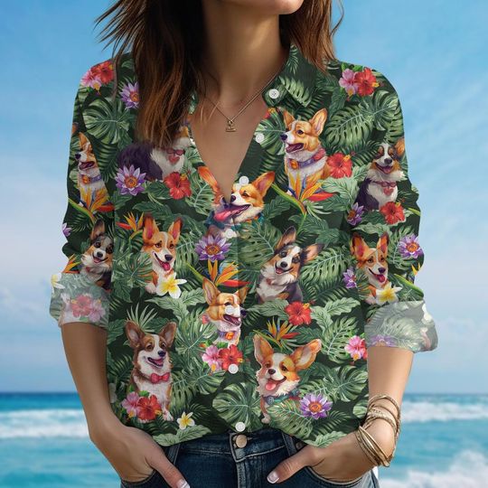 Discover Corgi Blouse Shirt For Women, Cute Dog Vacation Shirt, Summer Pet Lover Button Shirt, Cute Animal Shirt, Funny Corgi Gift Idea