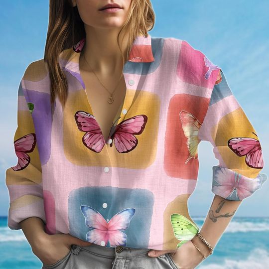 Discover Butterfly Blouse Shirt, Vintage Button Up Women, Summer Lightweight Top, Cute Animal Shirt, Cottagecore Butterfly Shirt, Gift For Her