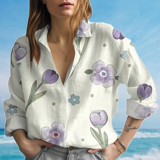 Tulip Blouse, Elegant Flowers Button Up Women, Spring Summer Floral Vintage Women Shirt, Garden Lovers Shirt, Gift For Her
