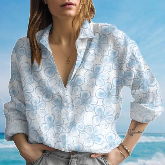 Discover Blue Floral Blouse Shirt, Pastel Flower Print Women Blouse, Summer Beach Button Shirt, Coastal Vacation Women Shirt, Gift For Her