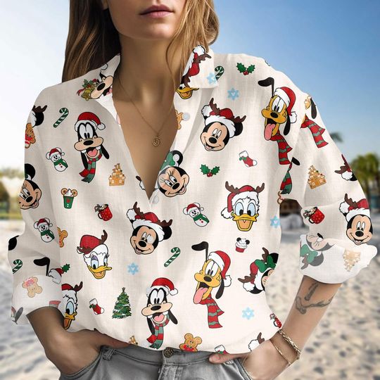 Discover Disney Mickey and Friends Christmas Linen-Look Shirt, Cute Holiday Cartoon Blouse Shirt, Festive Disney Button Shirt, Gift For Her