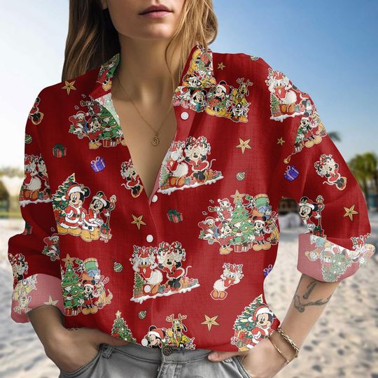 Discover Christmas Mickey Friends Linen-Look Shirt, Red Holiday Cartoon Blouse Top Shirt, Cute Xmas Button Up Shirt, Xmas Holiday Shirt