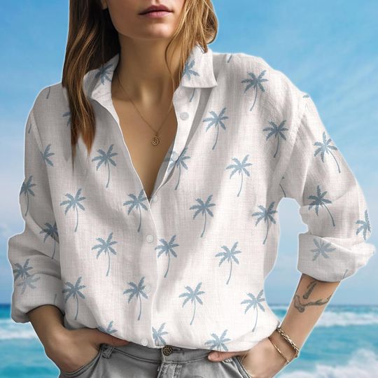 Discover Palm Tree Blouse Shirt, Tropical Beach Blouse Women, Summer Vacation Button Women Shirt, Casual Women Shirt, Birthday Gift For Her