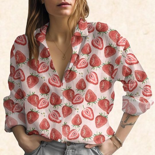 Strawberry Blouse, Cute Summer Fruit Shirt For Women, Sweet Berry Button Women Shirt, Casual Vacation Trip Shirt, Gift For Her