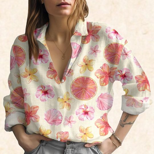 Discover Tropical Floral Orange Blouse Women Shirt, Summer Beach Shirt, Family Vacation Beach Shirt, Hibiscus Lover Shirt, Birthday Gift For Her
