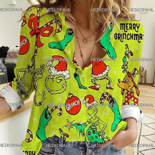Discover funny character Christmas 3D All Over Printed Women Casual Shirt, funny character Women Linen Shirt, Casual Long Sleeve Button Down Shirt, Blouses For Women