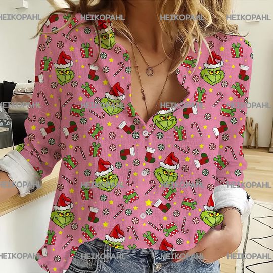 Discover funny character 3D All Over Printed Women Casual Shirt, funny character Christmas Women Linen Shirt, Casual Long Sleeve Button Down Shirt, Blouses For Women